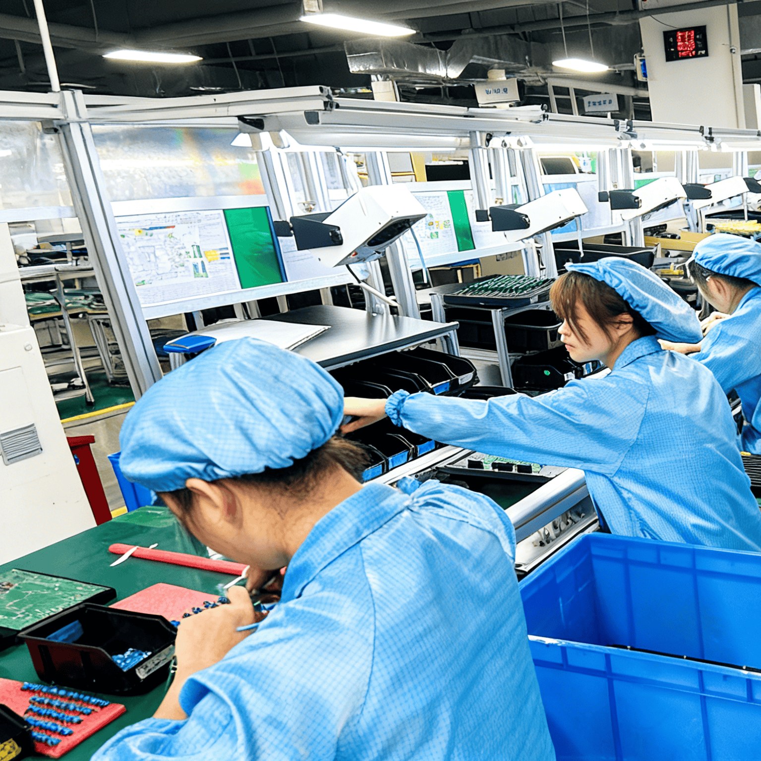 Assembly line: workers building the portable power-station units