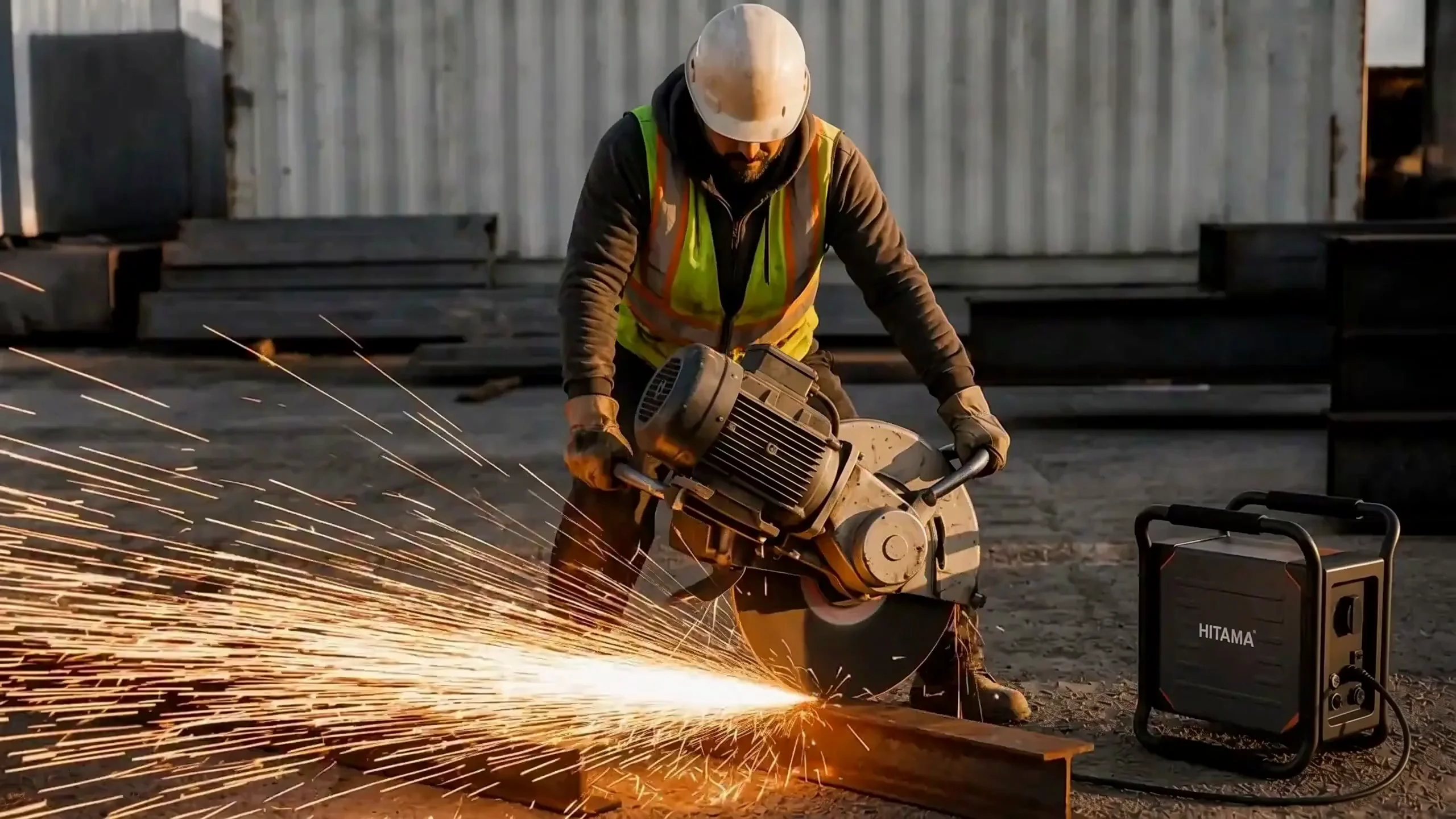 A worker in a hi-vis vest cutting a steel rail with a cut-off saw on a steel stockyard apron, throwing a wide fan of orange sparks across the ground, with a Hitama P25 power station standing to his right and its black load cable running across the ground to the saw