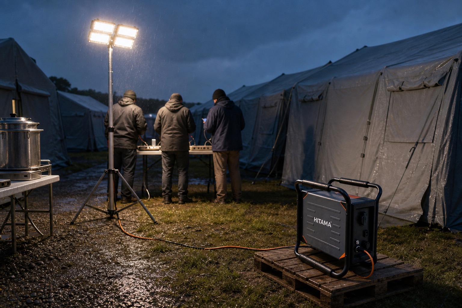 A Hitama P25 on a pallet powering a lighting mast and device charging at a relief camp at dusk
