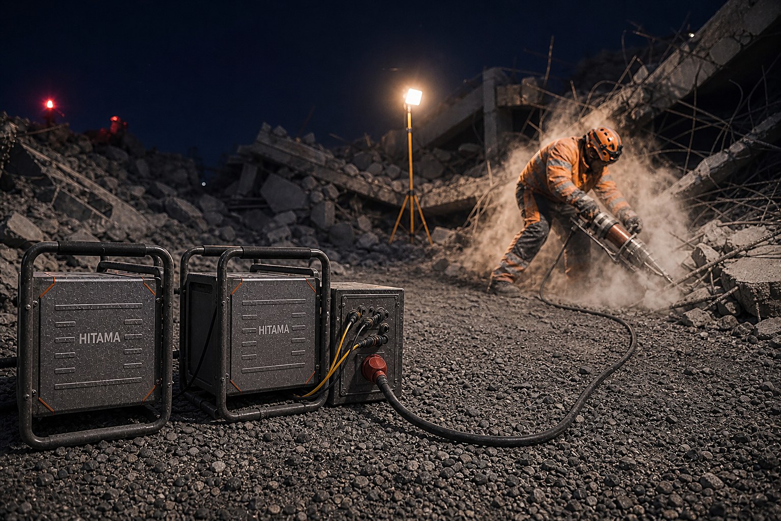 P25-D parallel power system (two full-size P25 units with distribution box) in the foreground, supplying a hydraulic rescue spreader at a collapsed concrete site at night, staged several metres clear of the work point in a dense dust cloud