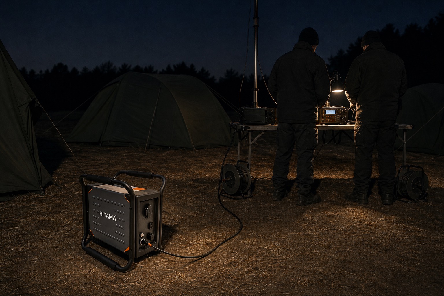 A Hitama P25 powering radio equipment at a field camp at night, two people at the table seen from behind