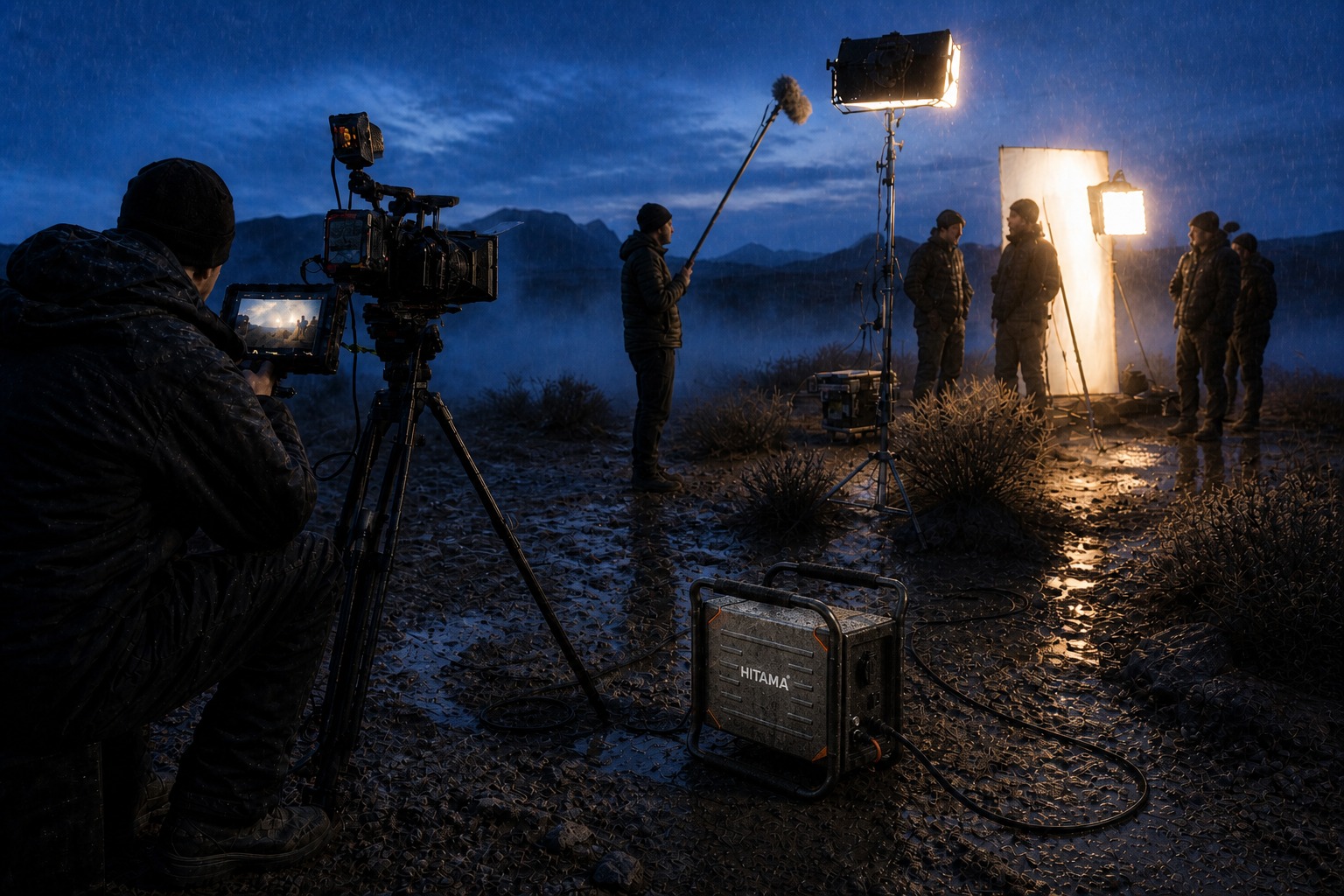 Hitama P25 providing silent power to cinema cameras and lights on a remote wilderness film set in light rain