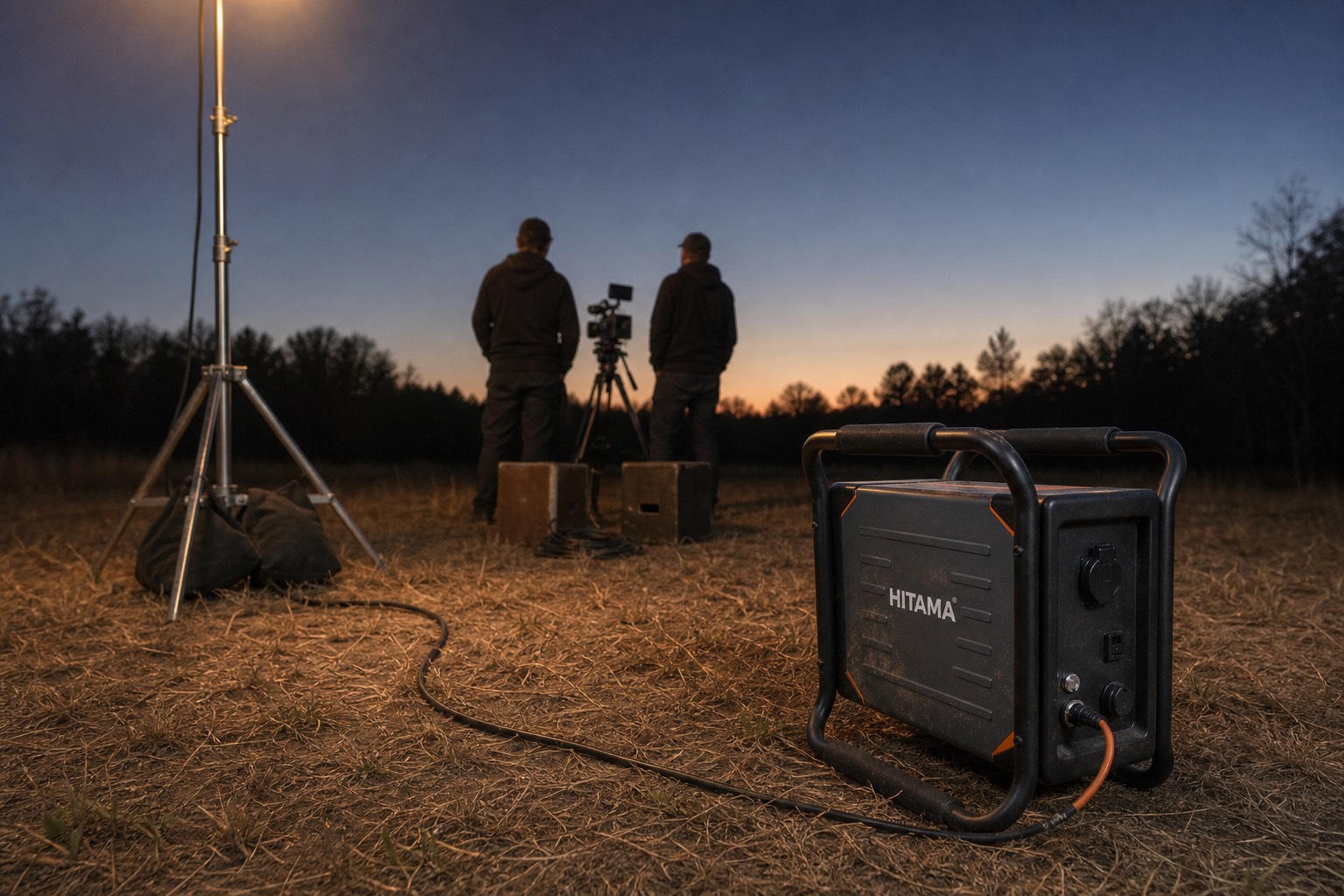 A Hitama P25 powering a lighting stand on a film set in a field at dusk, camera and crew behind