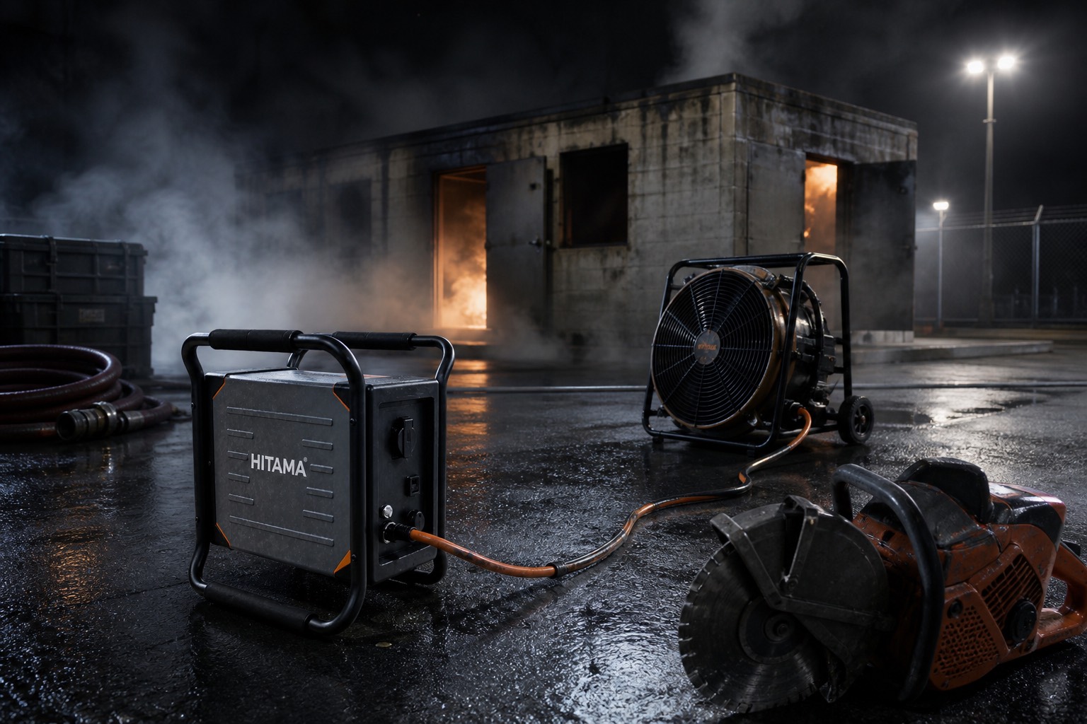 A Hitama P25 portable power station powering a ventilation fan on a wet fire-service training ground at night