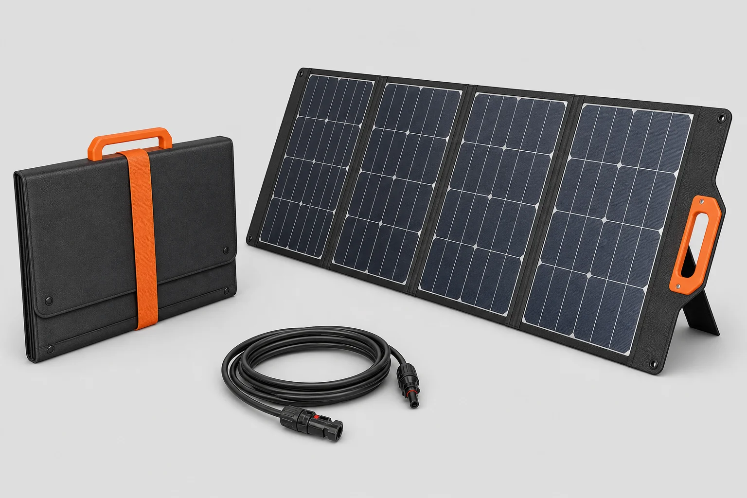 Hitama 400-W-Faltsolarmodul für die P25, ausgeklapptes Vier-Sektionen-Modul und gefaltete Tasche mit orangem Griff, 3-m-MC4-Kabel