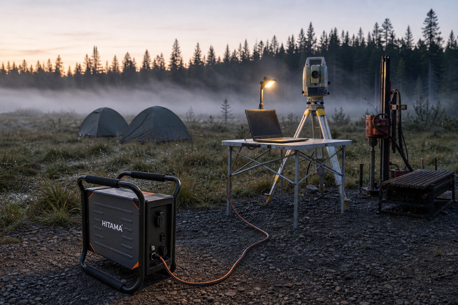 A Hitama P25 powering a survey instrument and a laptop at a misty forest survey camp at dawn