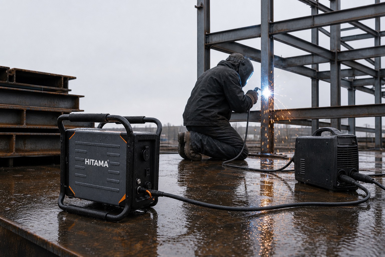 A Hitama P25 on wet steel plate powering an inverter welding machine beside a welder at a steel frame