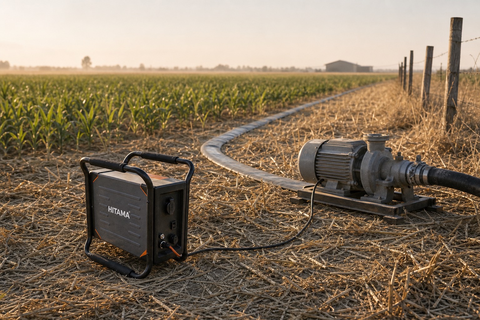 A Hitama P25 on dry stubble in a field powering an electric irrigation pump with a layflat hose