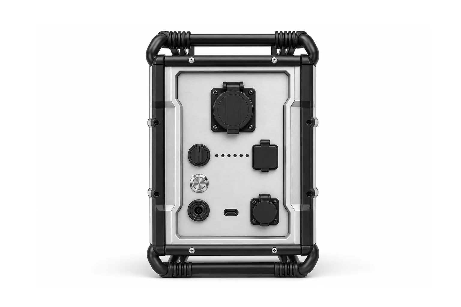 HITAMA P25 Baustromaggregat, vordere Portfläche: AC-Ausgang, AC-Ladeeingang, Hauptschalter, Batteriestand, USB-C, Solareingang, Parallel-Leistungs- und Datenbuchsen
