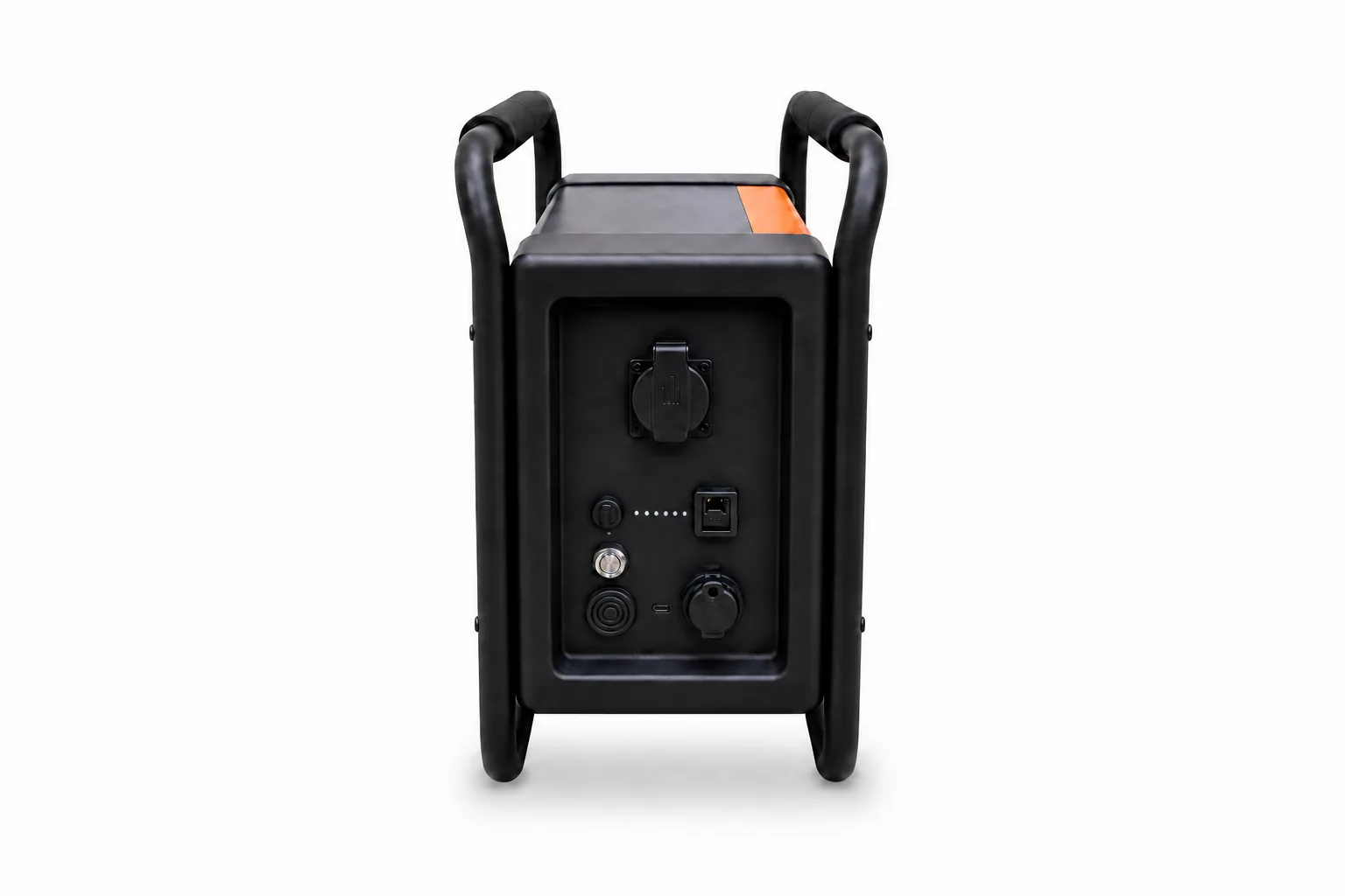 HITAMA P25 Baustromaggregat, vordere Portfläche: AC-Ausgang, AC-Ladeeingang, Hauptschalter, Batteriestand, USB-C, Solareingang, Parallel-Leistungs- und Datenbuchsen