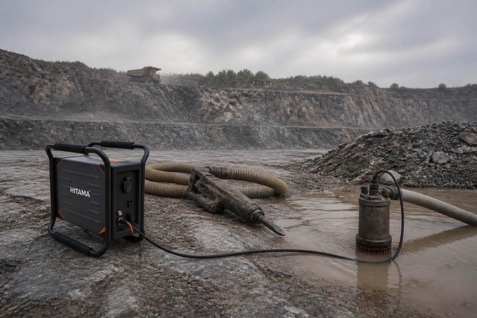 A Hitama P25 on quarry rock powering a submersible dewatering pump beside a rock drill and dust hose