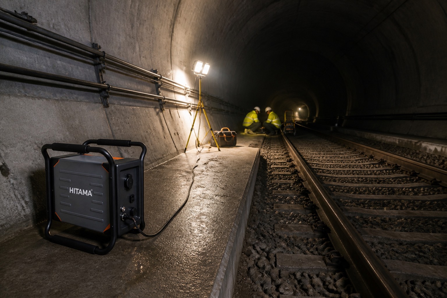 A Hitama P25 on a rail tunnel walkway during a night maintenance shift, lighting the track beside it