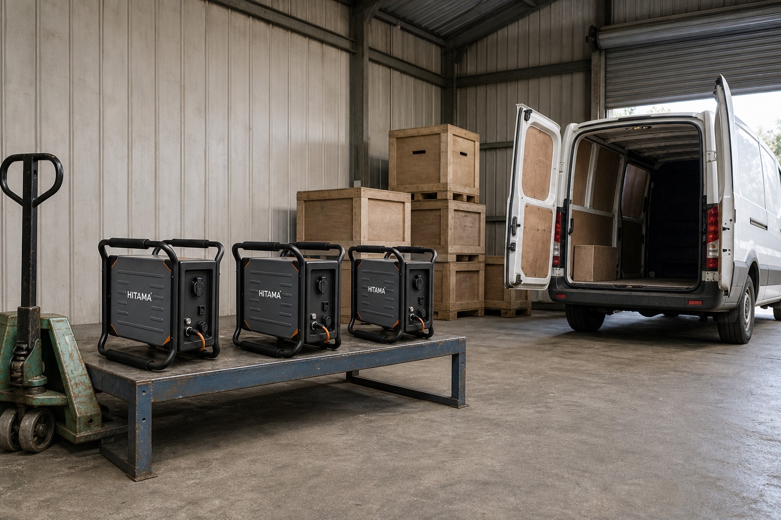 Three Hitama P25 units in a row on a depot shelf ready for hire, with a van loading behind them