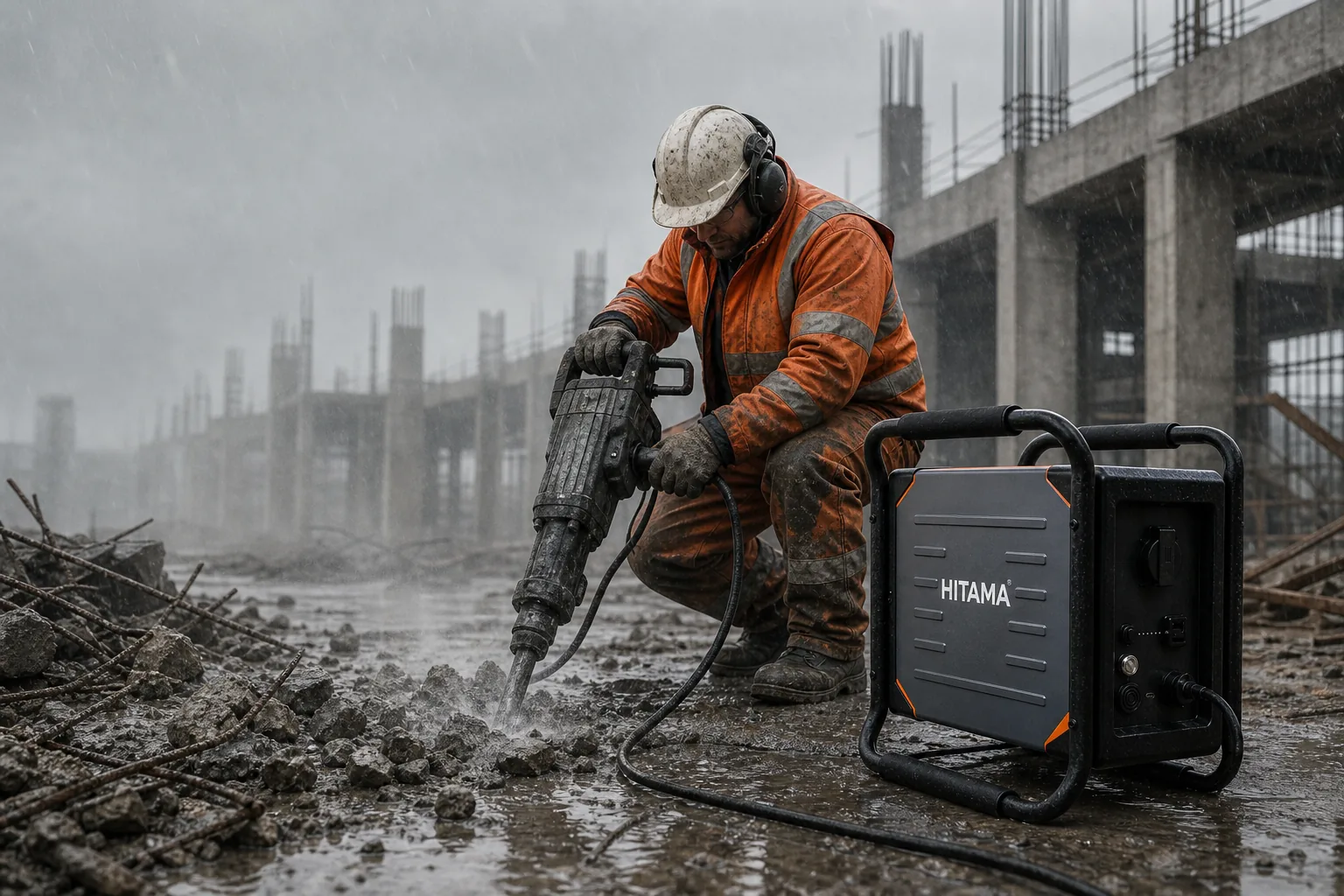 HITAMA P25 in the rain on a construction site next to a demolition hammer; the worker is breaking concrete and the load cable runs from the unit's side outlet to the tool