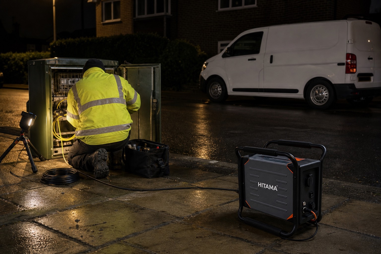 A Hitama P25 on the pavement powering a work light for fibre splicing at an open street cabinet at night