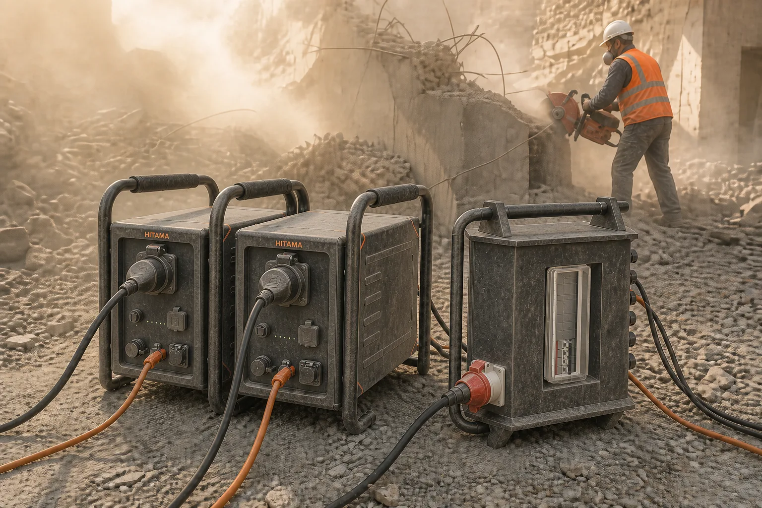 Zwei HITAMA P25 und eine Verteilerbox im Staub einer Abbruchstelle, Lastkabel am roten Industrieanschluss