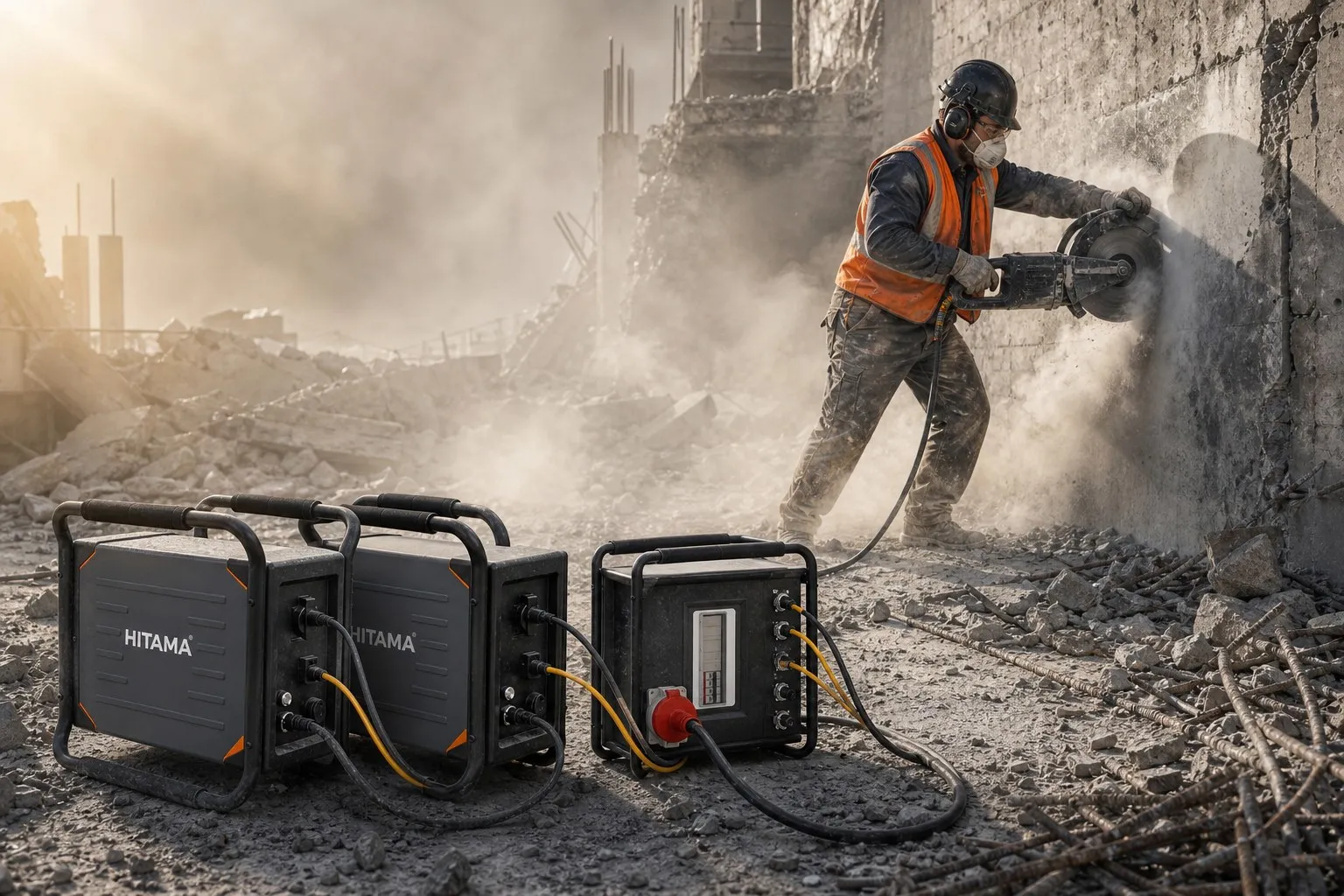 Hitama P25-D parallel power system running an angle grinder in heavy concrete dust on a demolition site