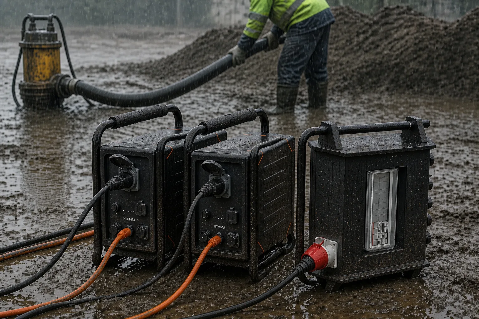 Zwei 230-V-Einheiten und ein Parallelgehäuse stehen im Schlamm einer regennassen Tiefbaustelle; Lastkabel und orangefarbene Parallelleitung liegen im Wasser, im Hintergrund fördert eine Tauchpumpe.