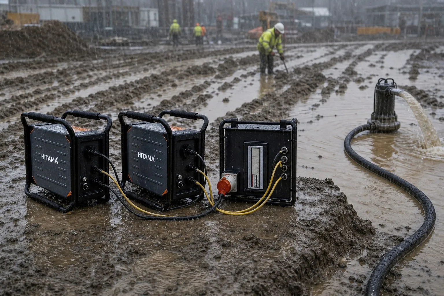 Hitama P25-D parallel power system running a submersible dewatering pump on rain-flooded muddy ground
