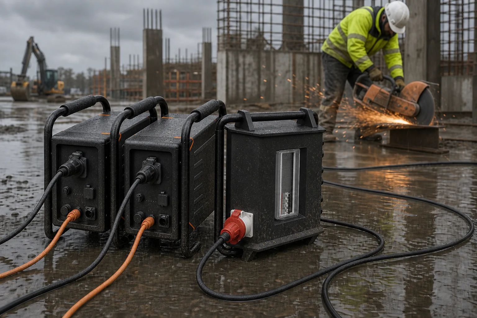 Two P25 units with the parallel distributor on wet steel: red CEE socket with the load cable on the left, breaker viewing window at the front; a worker cutting steel with sparks in the rain