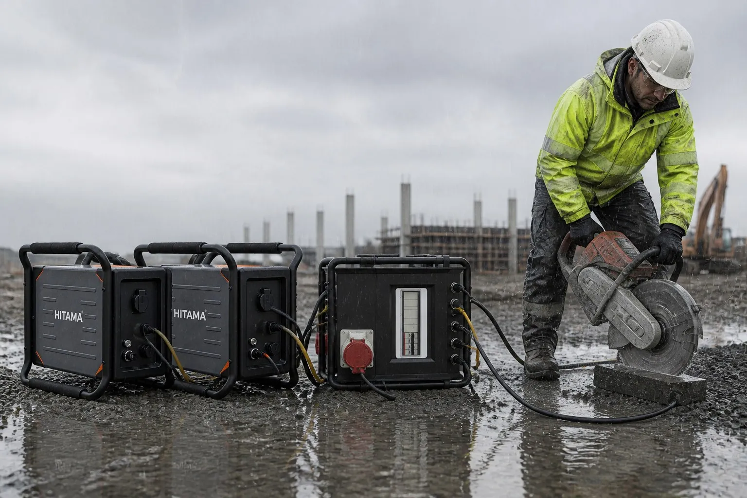 Hitama P25-D parallel power system — two P25 units and the distribution unit — running a cut-off saw on wet steel in the rain