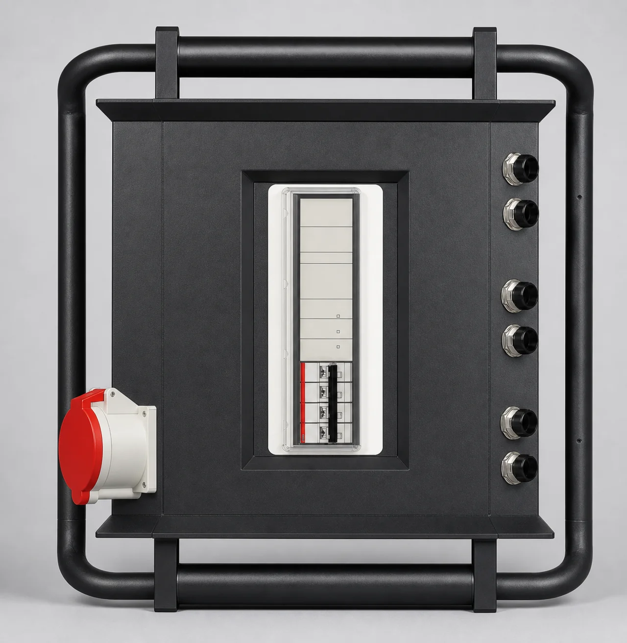 HITAMA P25-D Parallelverteilbox, Vorderseite: Aufhängehaken, AC230V-30A-Ausgang, Sicherungsfenster, sechs Paralleleingänge