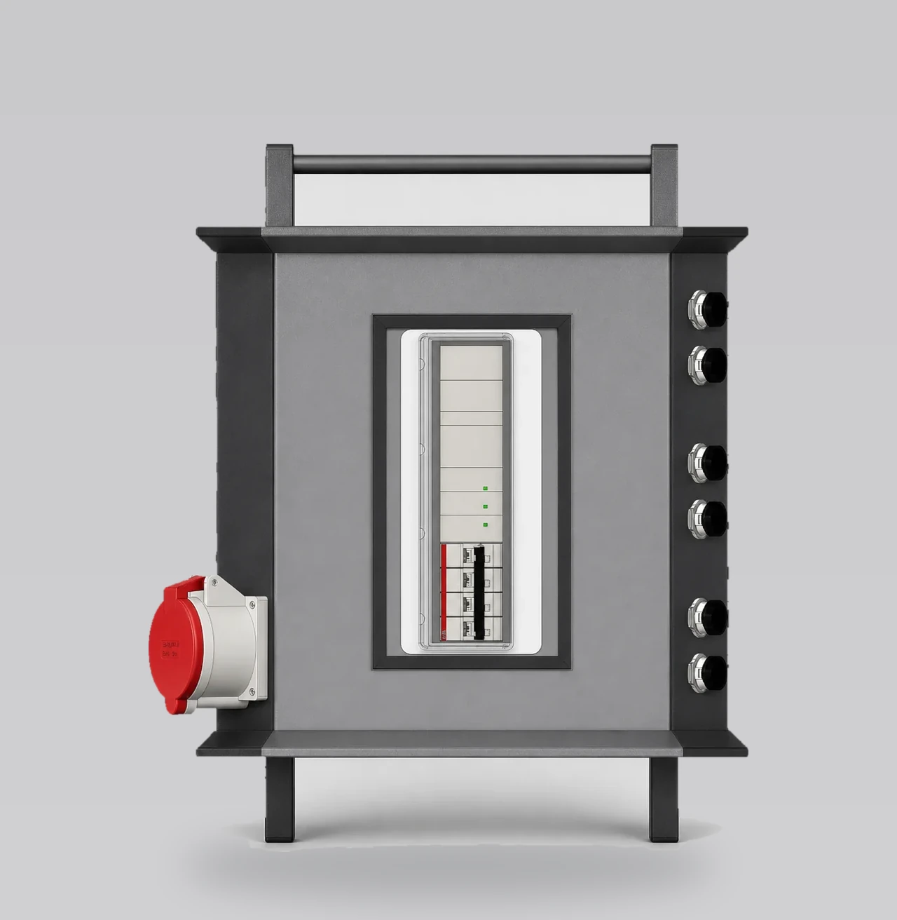 HITAMA P25-D Parallelverteilbox, Vorderseite: Aufhängehaken, AC230V-30A-Ausgang, Sicherungsfenster, sechs Paralleleingänge