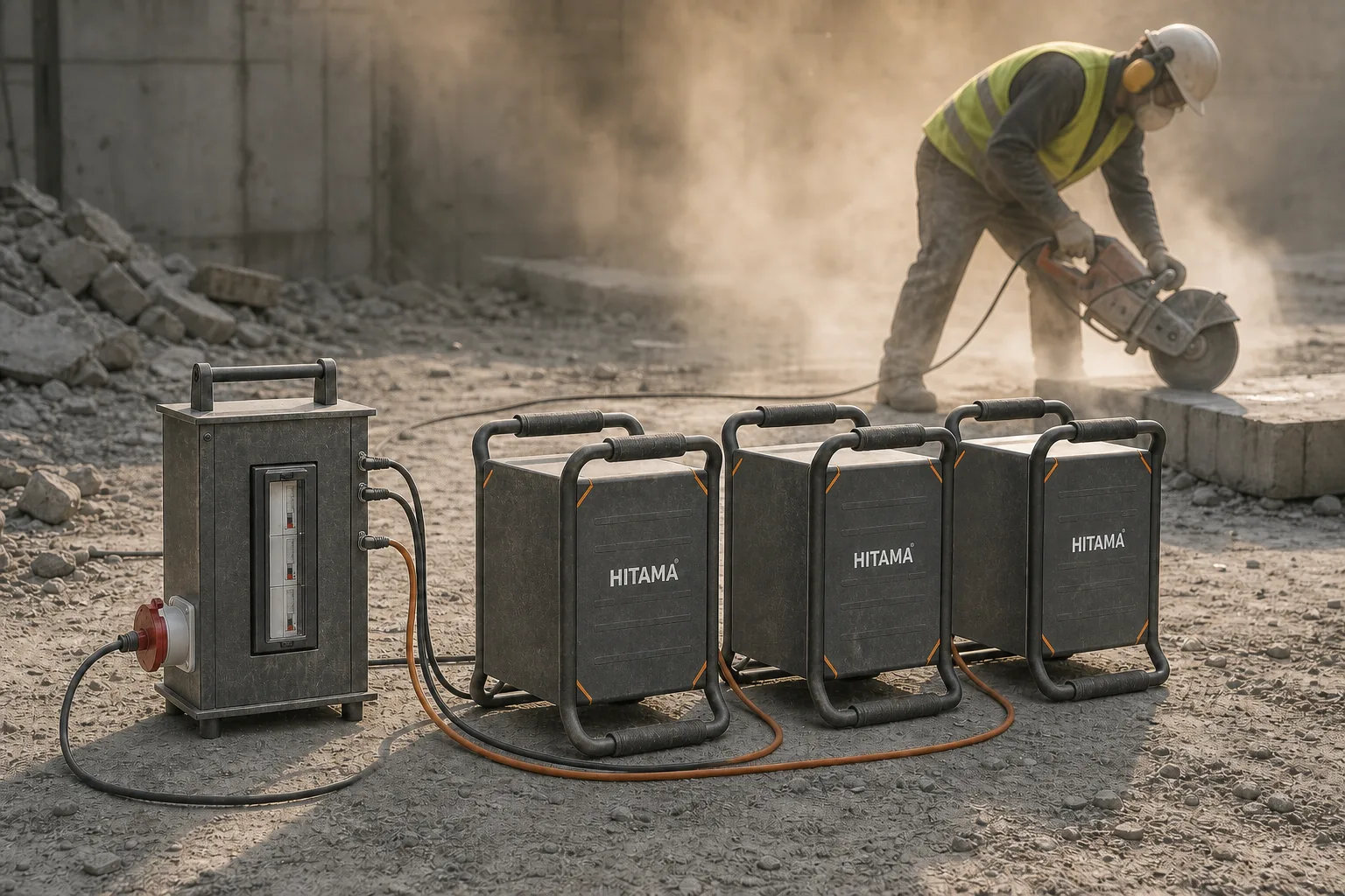 Distribution box and three HITAMA P25 units in concrete dust; the load cable hangs on the red CEE socket on the left, parallel cables run to the right, a worker cuts concrete in the background