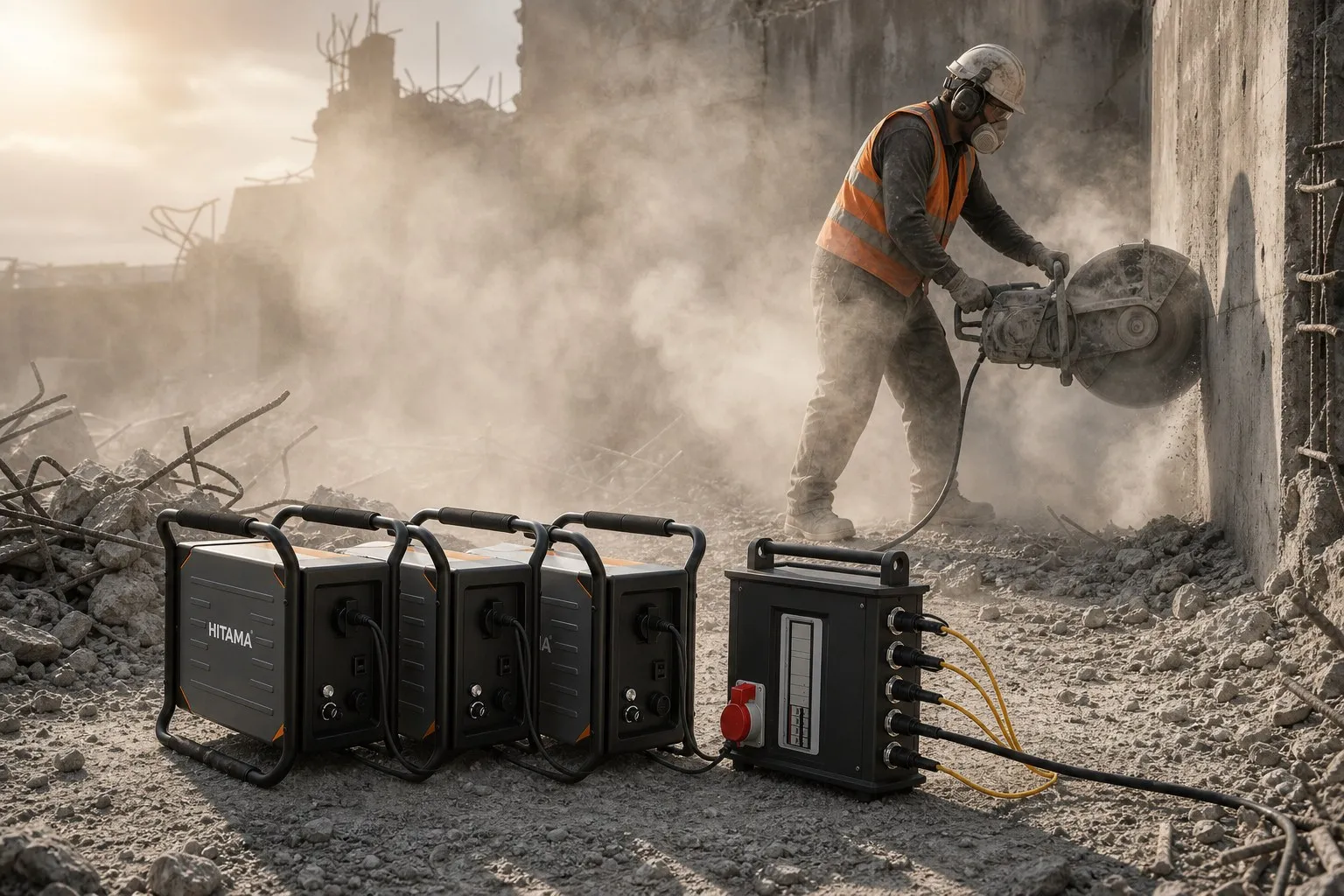 Hitama P25-T three-phase parallel power system running a concrete wall saw in a dust-filled demolition area
