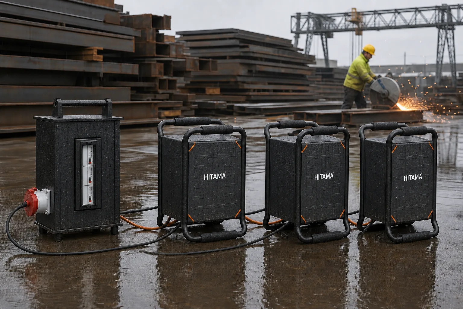 Three HITAMA P25 units with the distributor in a rain-soaked steel yard; only the breaker window on the front of the distributor, load cable at the red industrial socket on the left