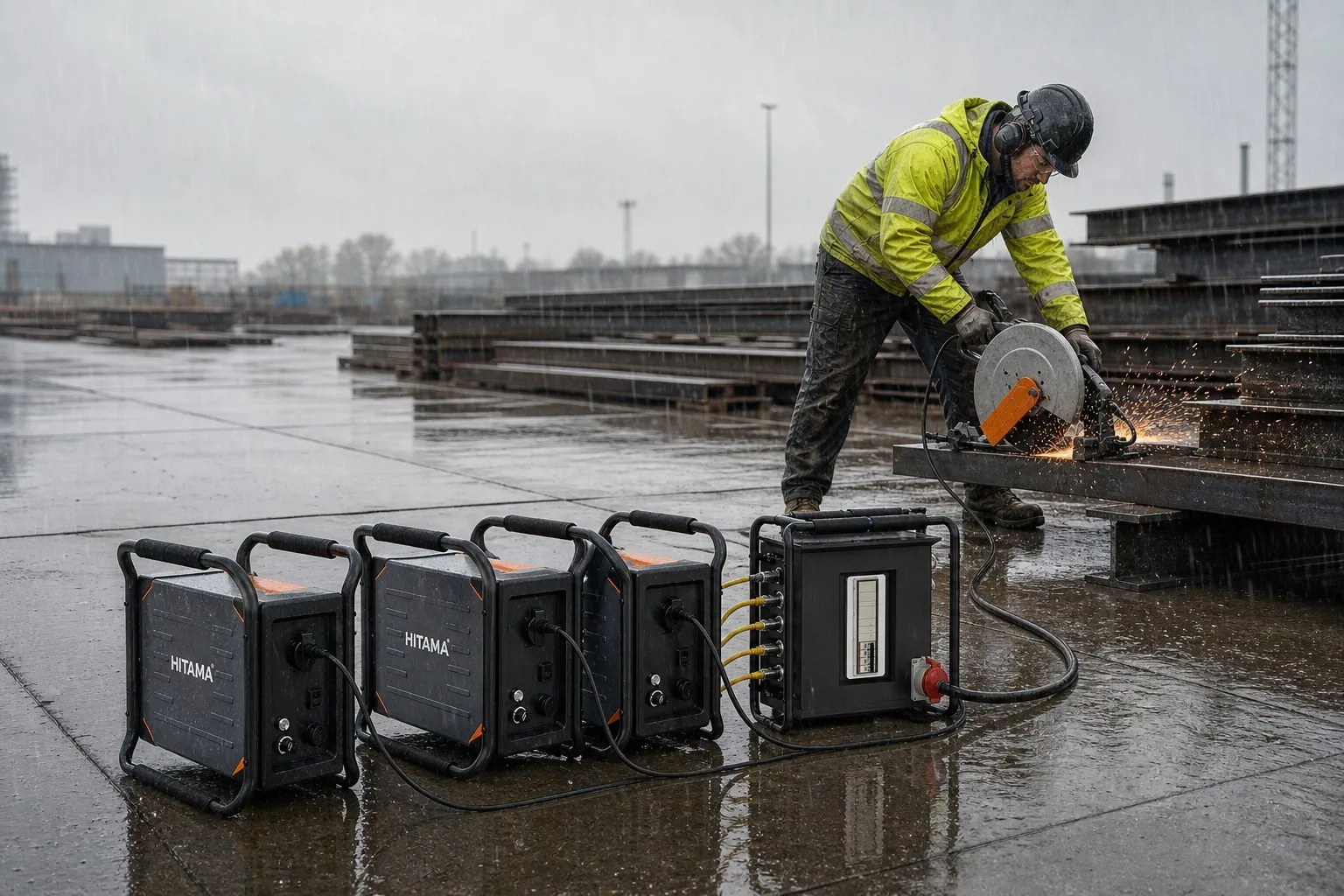 Hitama P25-T three-phase parallel power system — three P25 units and the distribution unit — running a cut-off saw in a rain-soaked steel yard