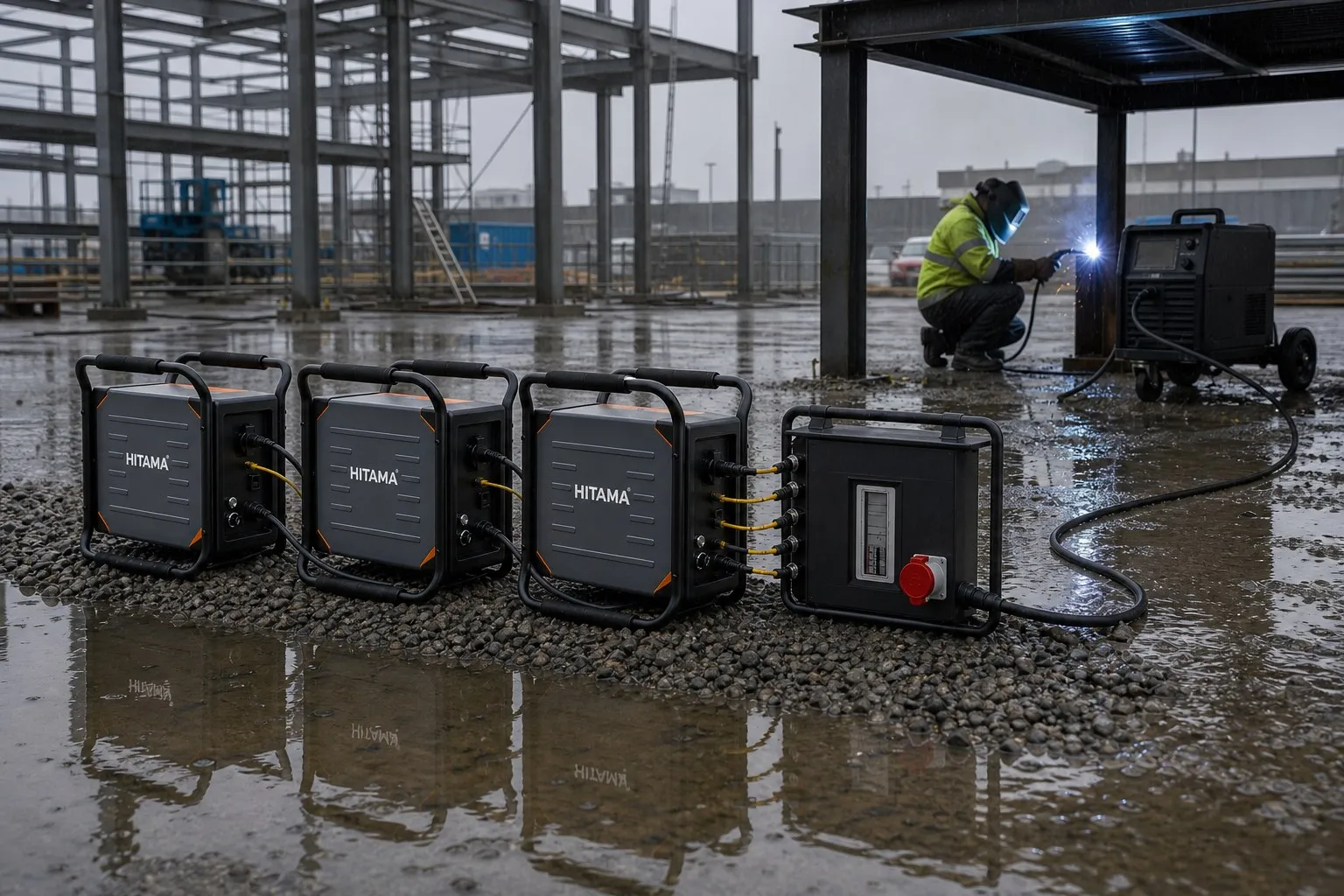 Hitama P25-T three-phase parallel power system running an inverter welder on a wet steel erection site after rain