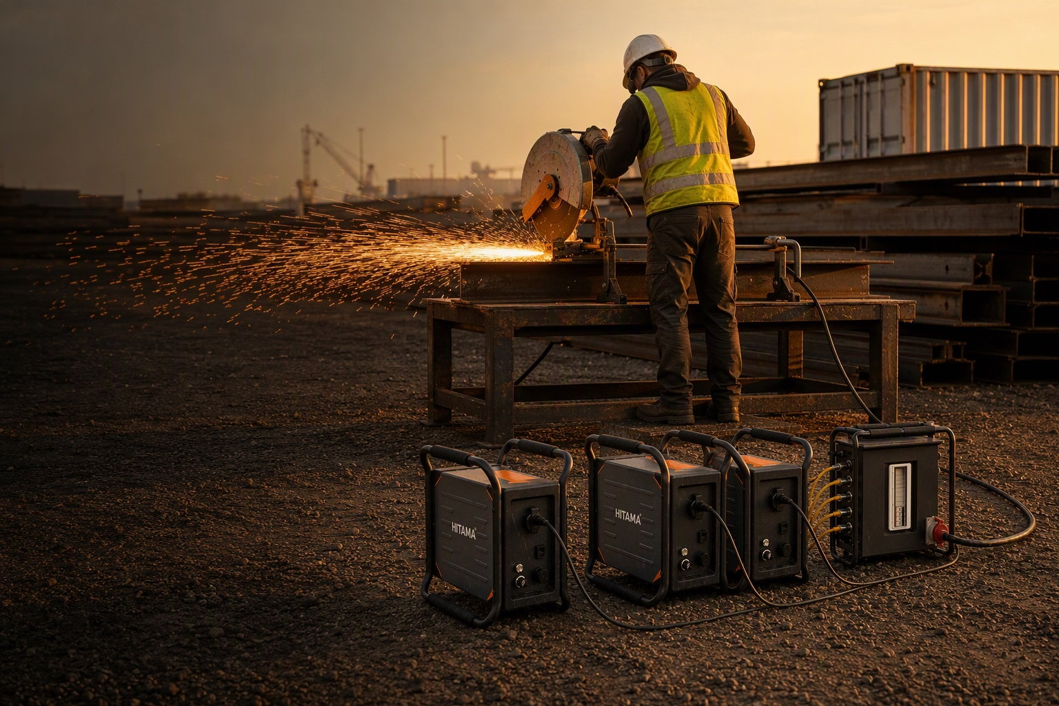 Hitama P25-T three-phase parallel power system (3× P25 units with distribution panel) driving a bench-mounted heavy-duty chop saw cutting a steel beam at a steel yard at golden hour