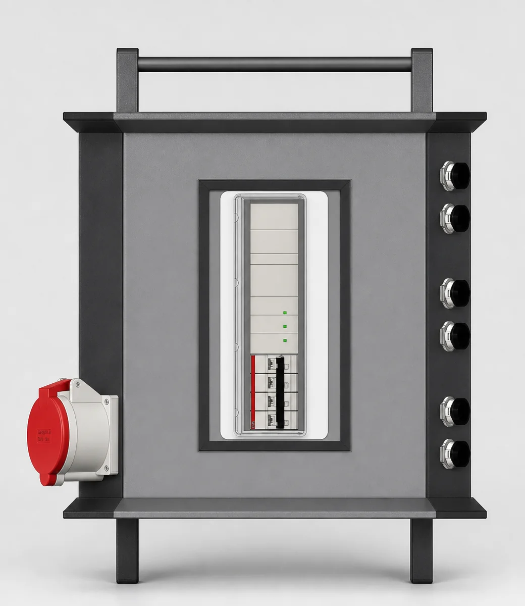 HITAMA P25-T Dreiphasen-Parallelbox, Vorderseite: Aufhängehaken, AC400V-10A-Ausgang, Sicherungsfenster, sechs Paralleleingänge