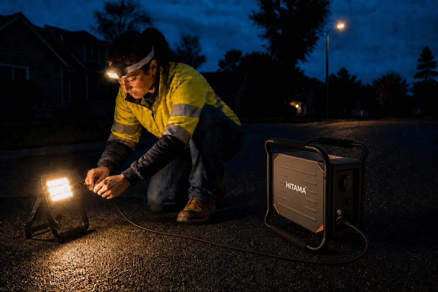 Nachtaufnahme auf nassem Asphalt: eine tragbare Powerstation mit HITAMA-Schriftzug versorgt eine Arbeitsleuchte, daneben kniet ein Arbeiter in Warnschutzkleidung.