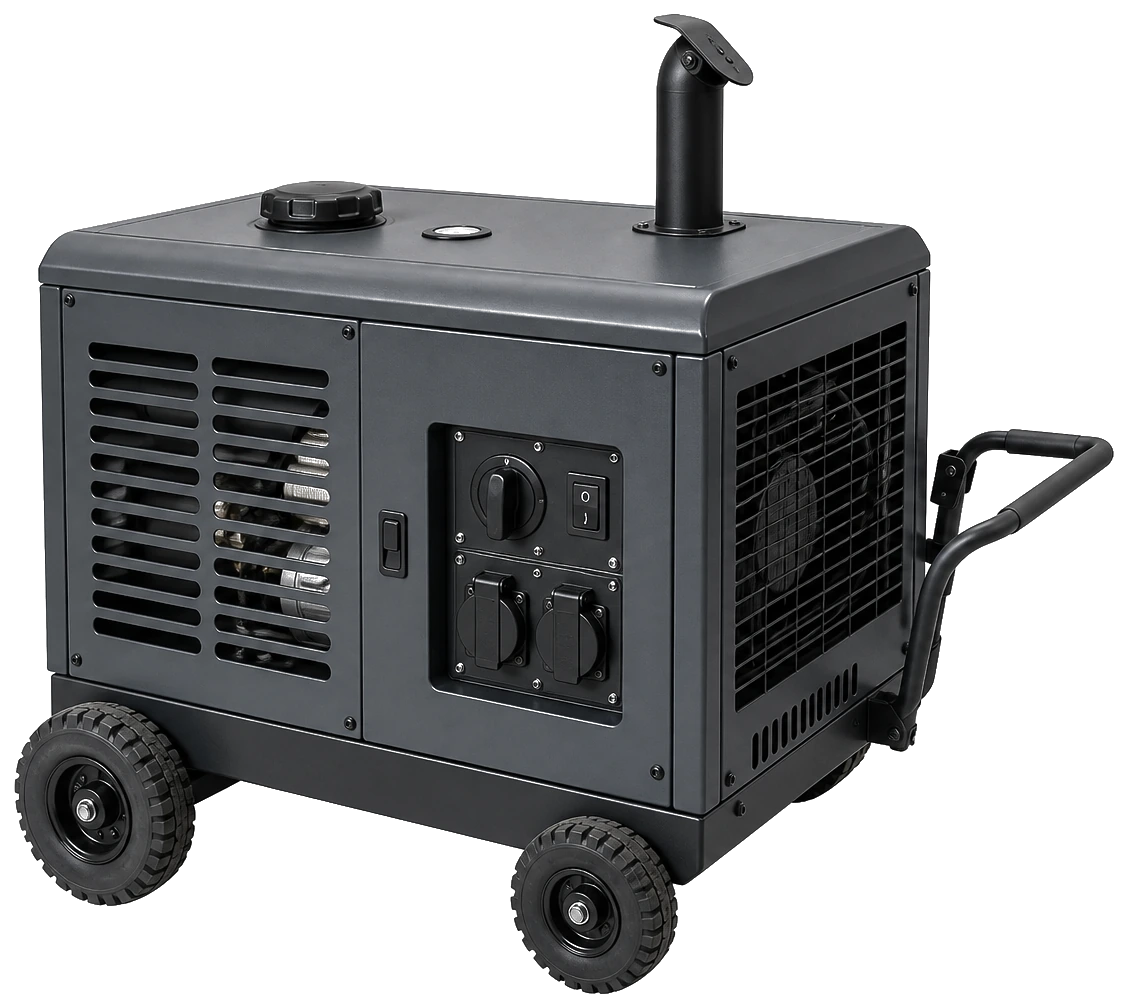 Diesel generator with vertical exhaust pipe, side louvres and folding trailer handle