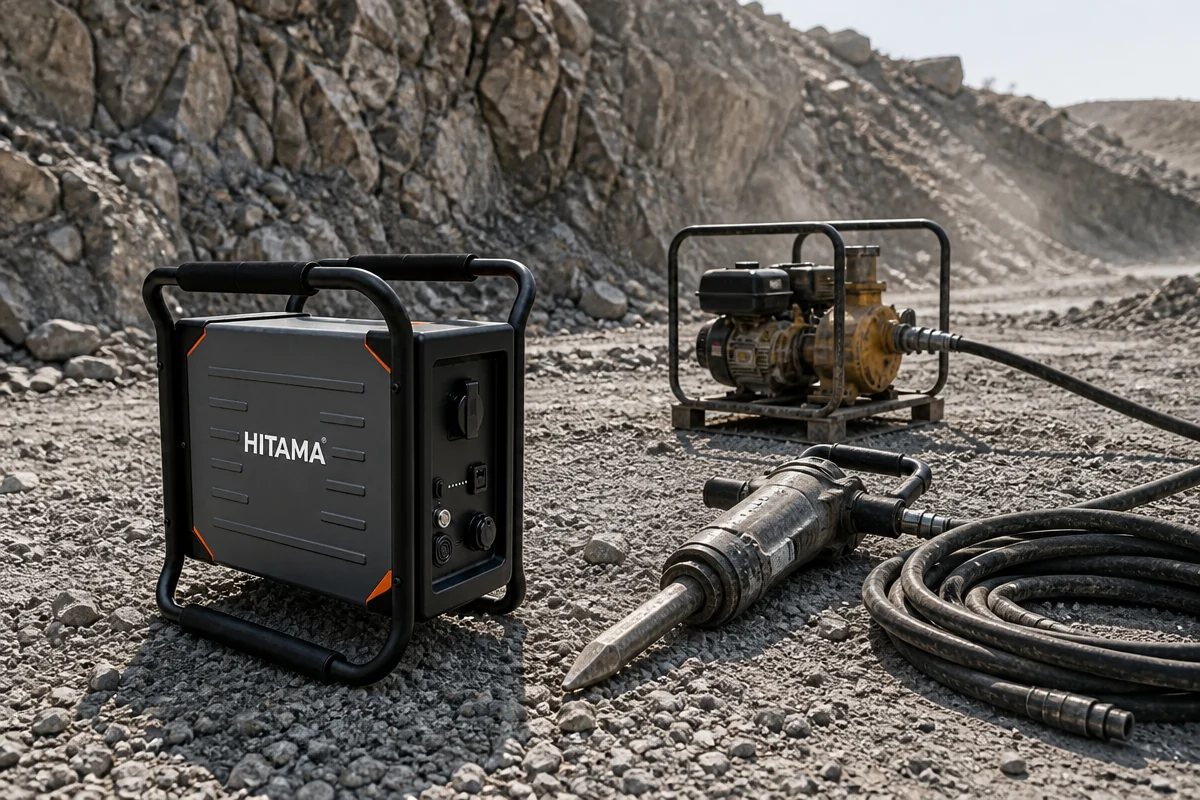 HITAMA P25 Powerstation im schwarzen Rohrrahmen auf einer Schotterfläche im Steinbruch, daneben eine benzinbetriebene Wasserpumpe und ein Drucklufthammer mit Schläuchen auf dem Gestein.