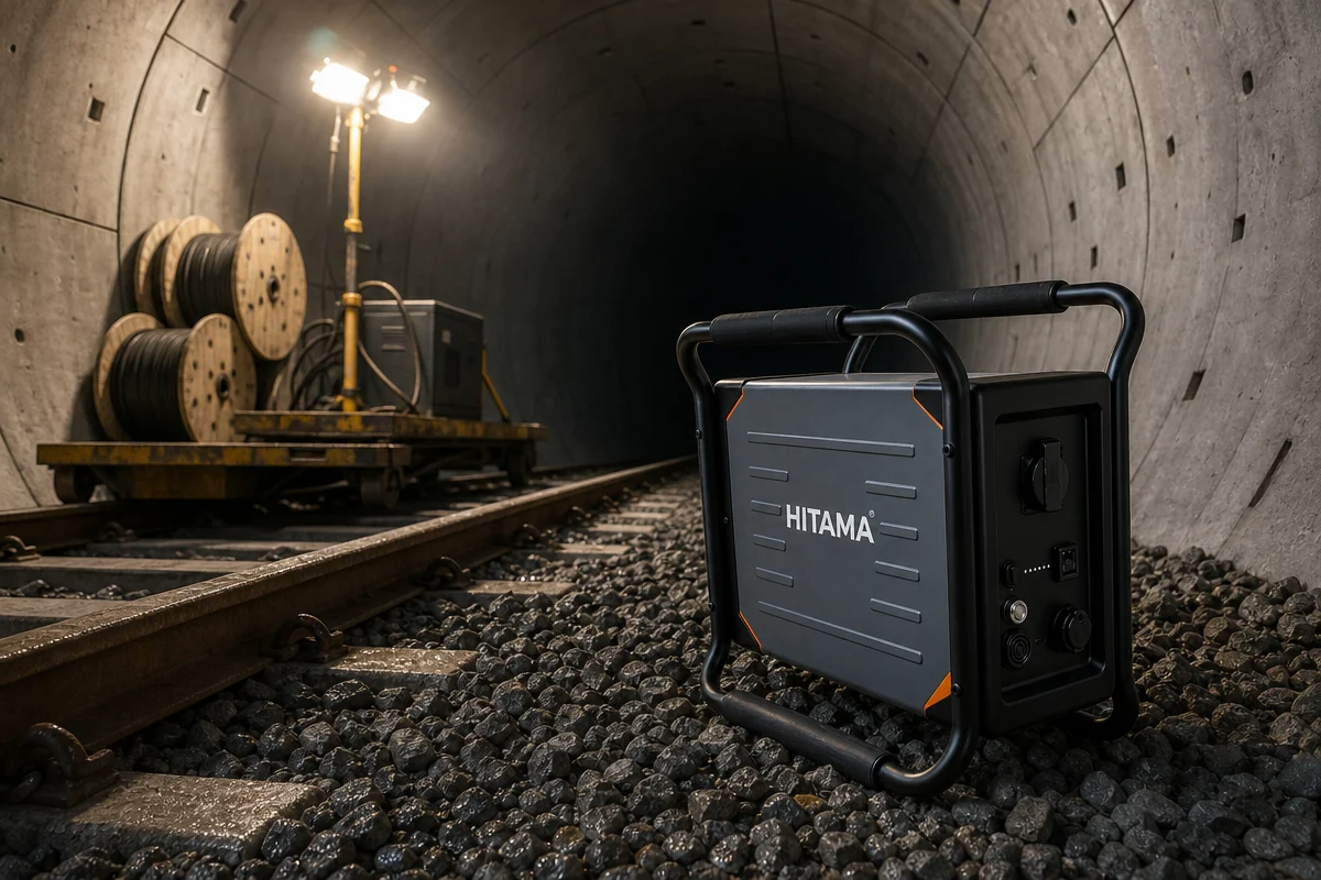 Im Betontunnel: ein HITAMA-Gerät auf nassem Schotter neben dem Gleis, dahinter ein beleuchteter Arbeitslichtmast und Kabeltrommeln auf einem Rollwagen