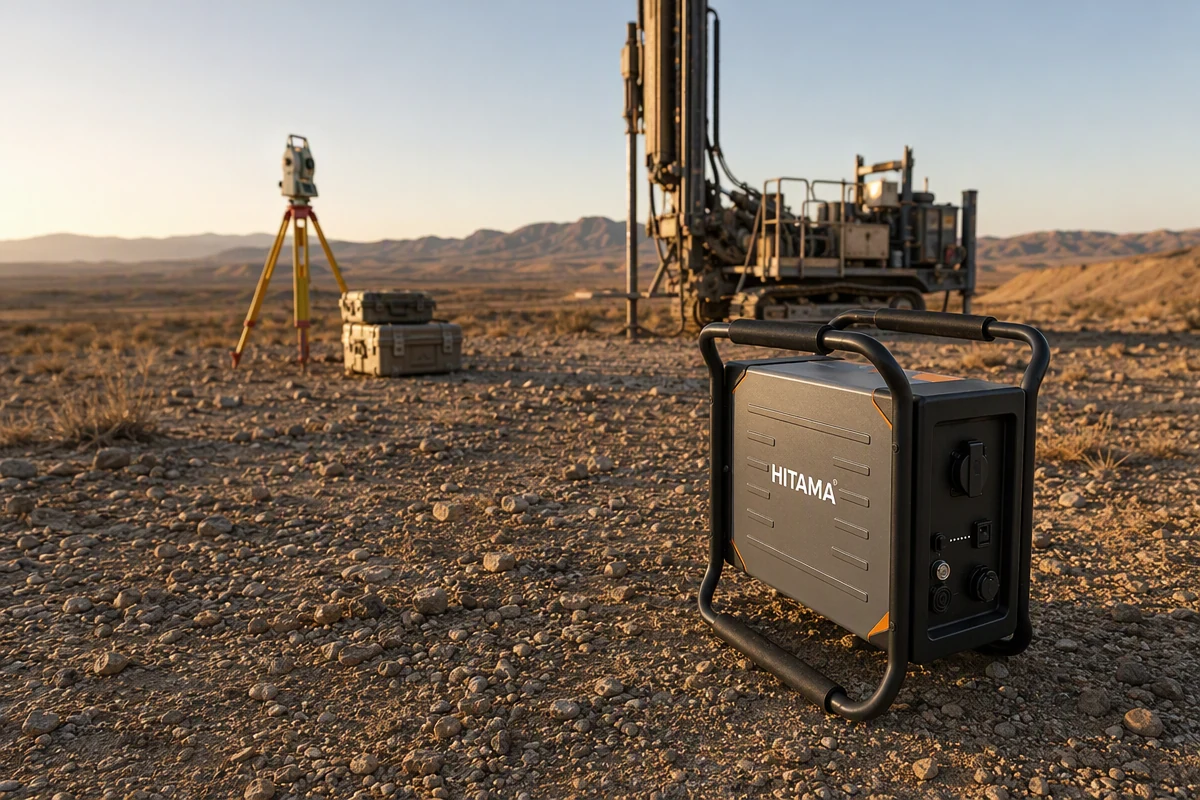 HITAMA P25 power unit on stony desert ground in front of a survey tripod and a drilling rig