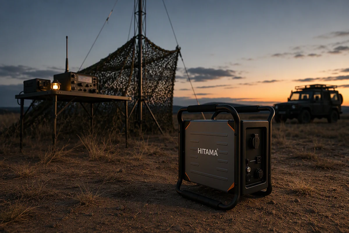 Portable power unit standing on open ground at dusk beside a folding table with a field radio under a camouflage net, a 4x4 vehicle in the background