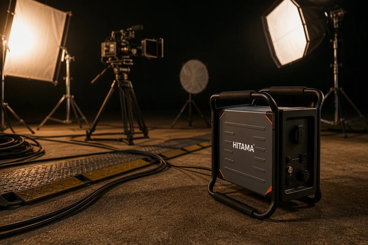 Eine HITAMA-Einheit steht auf einem naechtlichen Filmset neben Kabeln und einer Kabelschutzrampe; im Hintergrund leuchten zwei Softboxen und eine Kamera steht auf dem Stativ.