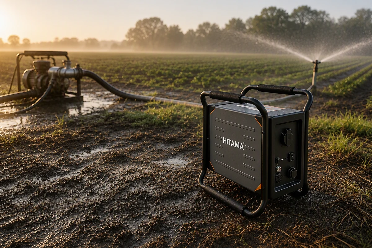 HITAMA P25 power station in an open field, beside an irrigation pump and lay-flat pipe.