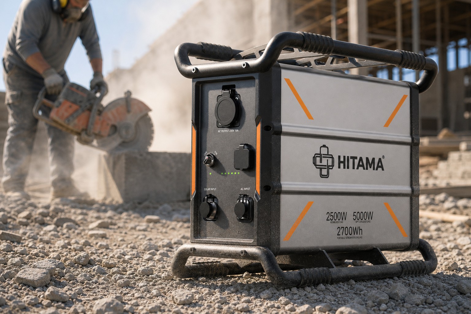 HITAMA P25 in silver with orange accents on gravel at a concrete-cutting site, fine dust in the air, worker with a cut-off saw behind
