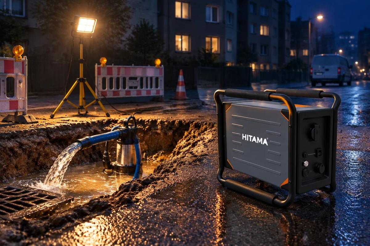 Nachtarbeit an einer offenen Baugrube in einer Wohnstraße: eine Tauchpumpe fördert Wasser aus dem Graben, ein Arbeitsstrahler leuchtet die Sohle aus, im Vordergrund steht ein tragbarer Speicher auf nassem Asphalt.