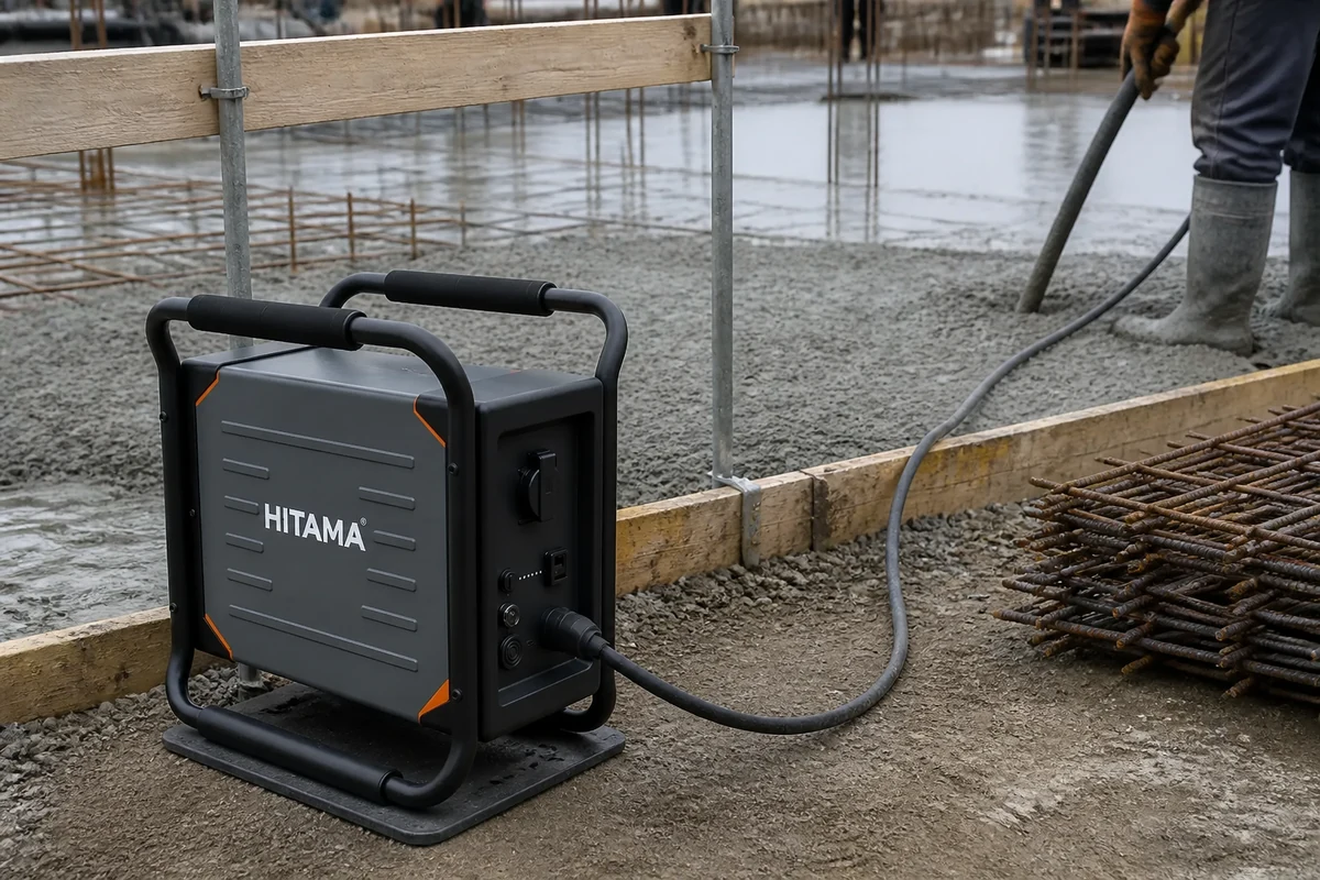 Portable power unit standing outside the pour footprint on a concrete placement, cable running to a poker vibrator
