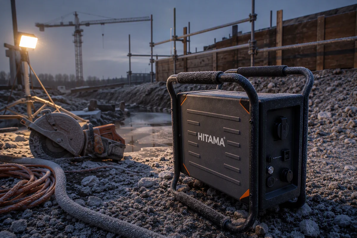HITAMA P25 portable power station standing on a frost-covered construction site before dawn, black tubular handle frame, orange corner accents and right-hand socket panel visible