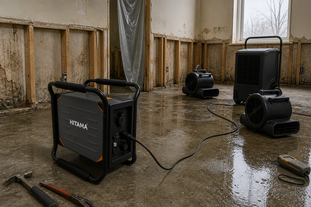 HITAMA P25 portable power station on the floor of a water-damaged room beside a dehumidifier and air movers, black tubular handle frame, orange corner accents, white HITAMA lettering and right-hand socket panel visible, extension leads running through the doorway