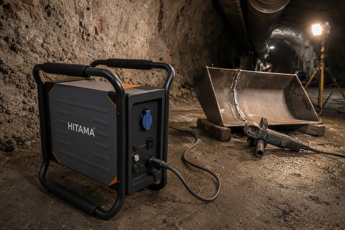 HITAMA P36 portable power station standing on a rough concrete floor of an underground mine drift beside a weld repair on a loader bucket, black tubular handle frame, orange corner accents, white HITAMA lettering and right-hand socket panel visible, work light and trailing cables, no people in frame