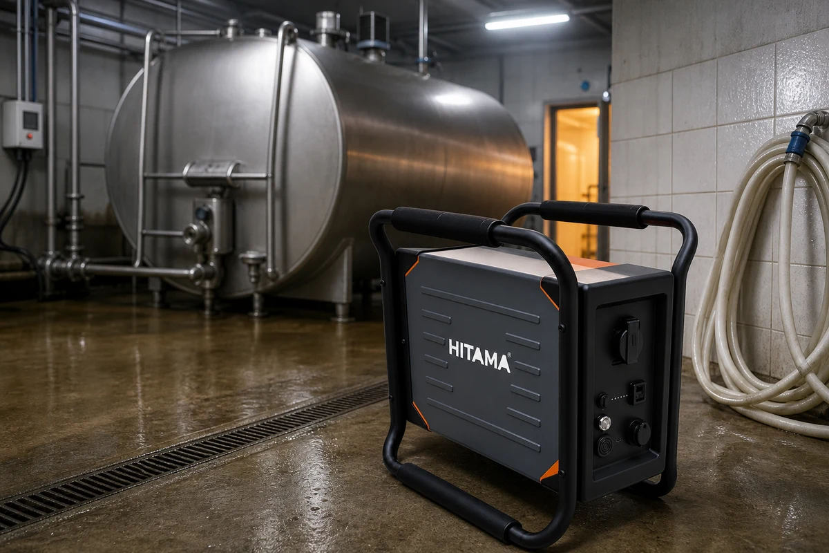 HITAMA P25 portable power station on the concrete floor of a milking parlour beside a stainless bulk tank and a coiled wash-down hose, black tubular handle frame, orange corner accents, white HITAMA lettering and right-hand socket panel visible, no people in frame