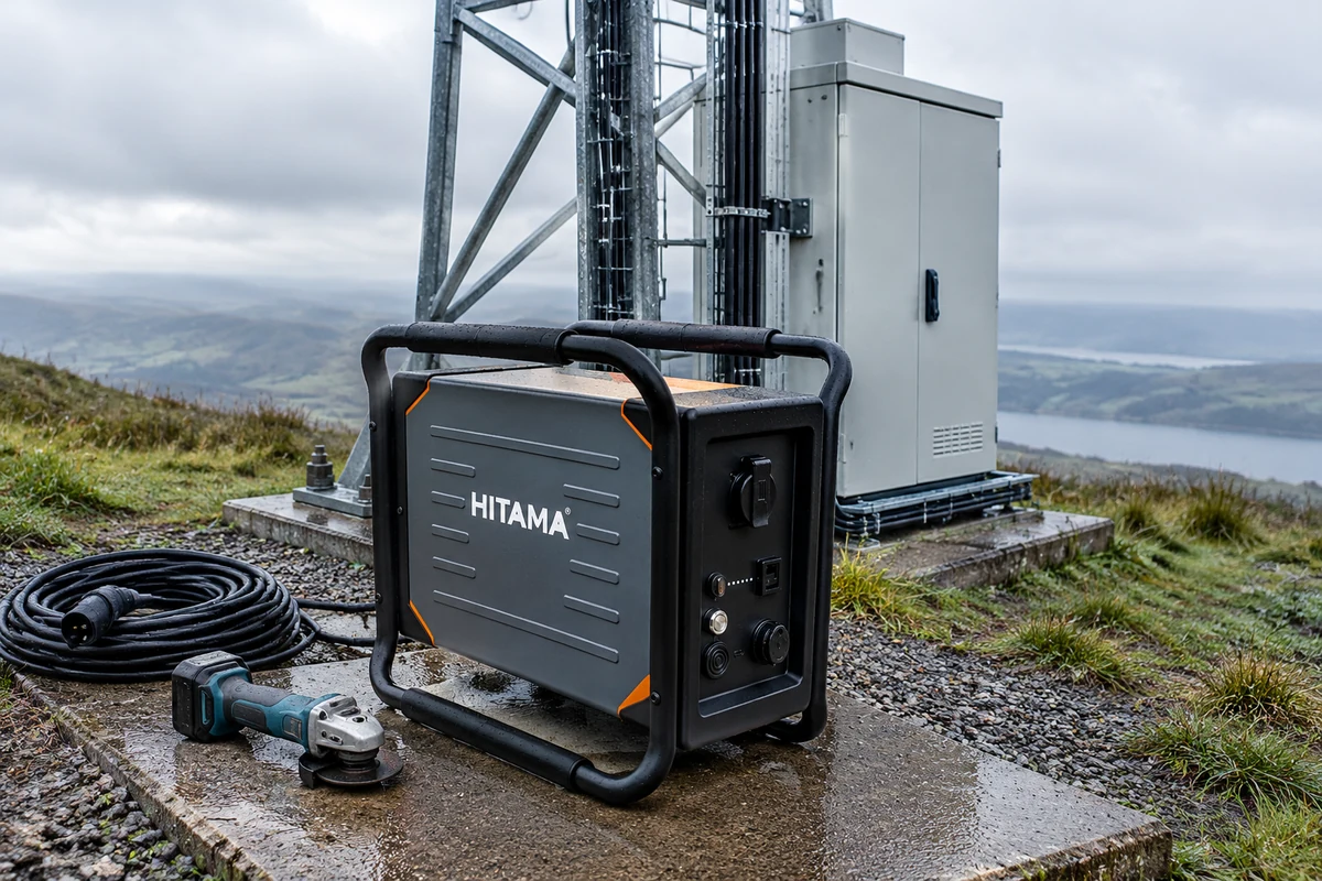 HITAMA P25 portable power station on a concrete pad at the foot of a steel lattice radio mast on a hillside, weatherproof equipment cabinet and cable tray behind it, black tubular handle frame, orange corner accents, white HITAMA lettering and right-hand socket panel visible, no people in frame